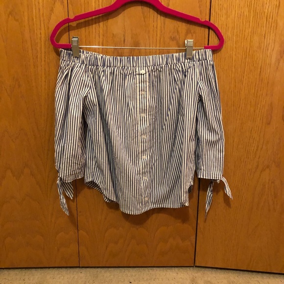 Navy Striped Off the Shoulder Top - Picture 2 of 5